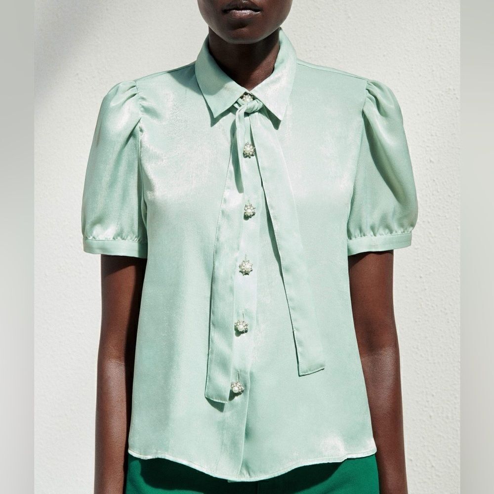 ZARA Satin Blouse With Rhinestone Buttons